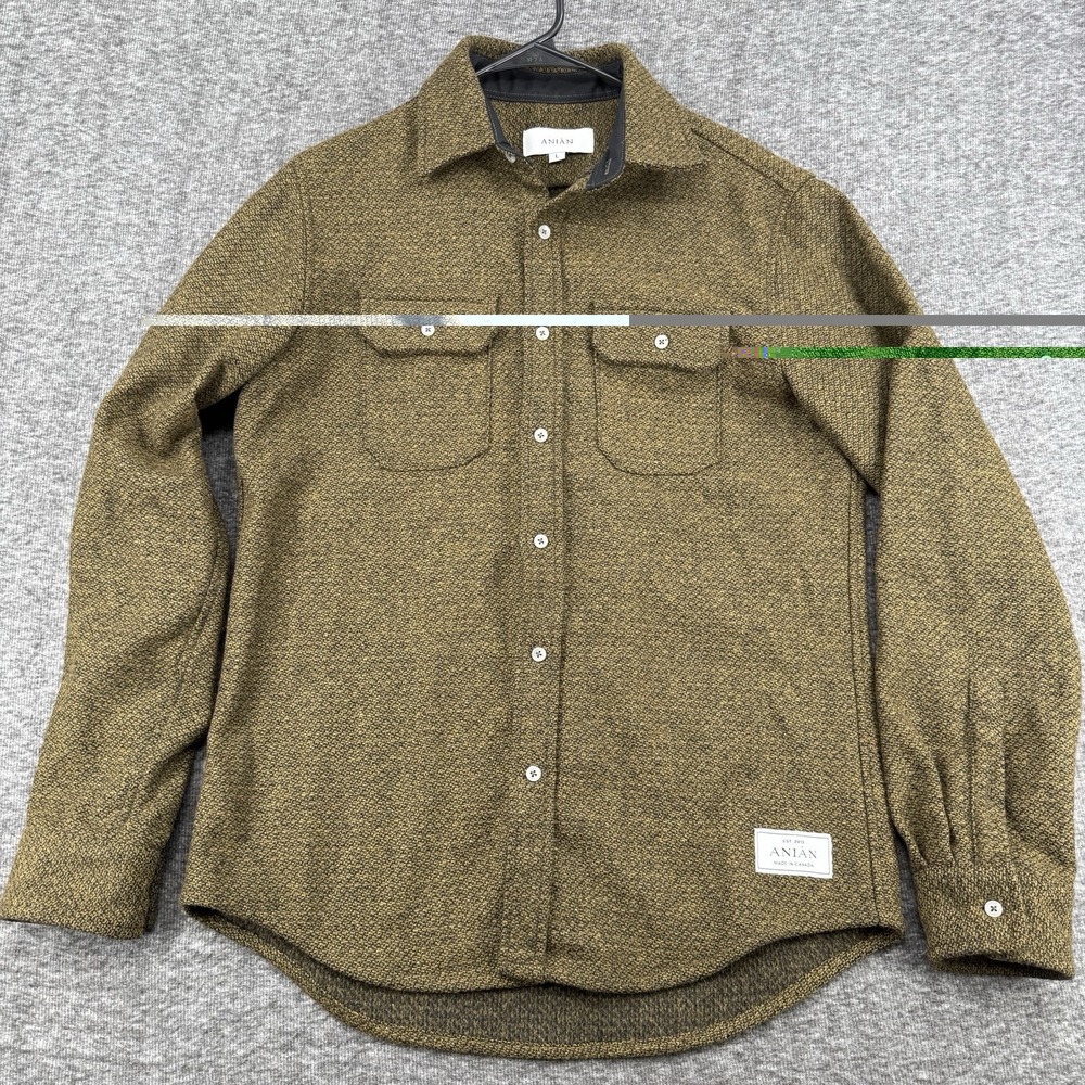 Anian Modern Melton Wool Button Shirt Jacket Mens Olive Tweed Made In Canada L